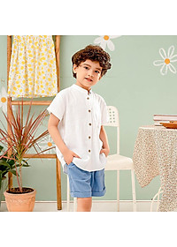 Áo sơ mi bé trai trắng cổ Tàu chất linen đũi mềm mịn mát hè thu MamLa