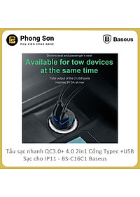 Tẩu sạc trên ô tô Baseus 2 cổng (USB +Type) sạc nhanh Q.C 4.0 30W c- Hàng Chính Hãng
