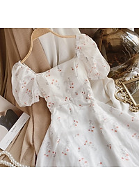 Váy hoa nhí cổ vuông tiểu thư - váy trắng hoa nhí hàn quốc