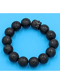 Chuỗi tay thạch anh đen Phật Chú khắc mờ 14 ly - cẩn hạt Như Lai inox đen VTEPCMNLE14 - hợp mệnh Thủy, mệnh Mộc