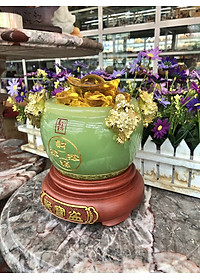 Bát vàng, Bát Tụ Tài, Bát Tụ Bảo đá ngọc cẩm thạch xanh Hút Tài, Hút Lộc, Chiêu tài nạp lộc - Cao 18 cm