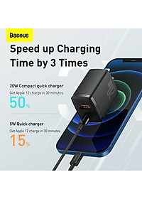 Cóc sạc  Baseus Compact Quick  nhỏ gọn 20W (USB + Type C Dual Port, 20W PD/QC 3.0 Multi Quick Charge Support) cho iPhone 12/iP11/XS Max, Android .. - Hàng chính hãng