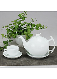 Bộ ấm chén men trắng Bưởi Cành gốm sứ Bát Tràng (bộ bình uống trà, bình trà)
