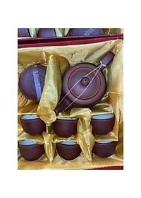 Ấm Chén Trà Tử Sa Bát Tràng Búp Sen Nâu Chỉ Đỏ