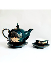 Bộ ấm chén Bát Tràng cao cấp phú quý Mallard màu xanh Arctic họa tiết hoa sen vẽ vàng 24k 