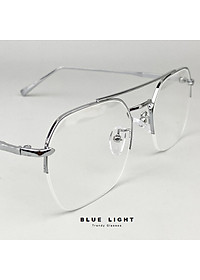 Gọng Kính Cận, Kính Giả Cận Nam Nữ Mắt Vuông Cỡ Vừa, Nửa Gọng Kim Loại Cứng Cáp, Màu Bạc, Đen - BLUE LIGHT