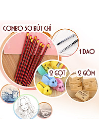 Combo 50 Viết Bút Chì + 2 Tẩy Gôm + 2 Đồ Gọt Chuốt Chì + Dao Trổ Gọt Chuốt Chì