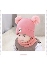 Mũ Len 2 Quả Bông Kèm Khăn Cho Bé ( Giao Màu Ngẫu Nhiên)