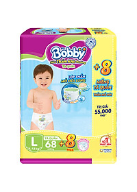 Tã quần Bobby - Đệm Lưng Thấm Mồ Hôi L68 (68 miếng) - Tặng 8 miếng trong gói