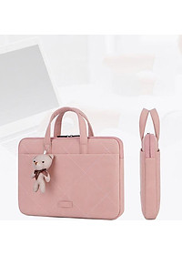 Túi xách da chống sốc cho máy tính, macbook, laptop màu hồng cute - Tặng kèm gấu bông và ví đựng phụ kiện