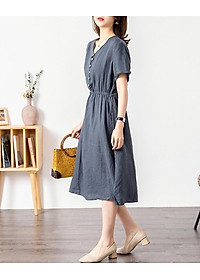 Đầm linen dáng suông cổ V , Đầm sơ mi ngắn tay nhún eo, mặc đi chơi, đi làm Haint Boutique Da173