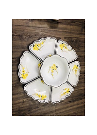 Bộ bát đĩa hoa mặt trời, họa tiết hoa mai vàng. Gốm sứ Bát Tràng.