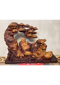 TƯỢNG PHẬT DI LẶC TAM PHÚC NGỰ GỐC CÂY TÙNG BẰNG GỖ HƯƠNG ĐÁ TÔ LÀM MẦU GIẢ CỔ KT 45×32×15CM