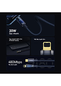 Cáp Tự Ngắt BASEUS Explorer Series Typc-C to iP Sạc Nhanh 20W, Đầu Cáp Trong Suốt Đèn LED báo Sạc Dây Bện Nylon - Hàng Chính Hãng