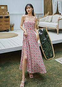 Đầm maxi xẻ tà dàng dài, họa tiết hoa nhí màu đẹp, chất voan tơ cao cấp, váy 2 kiểu mặc: 2 dây và vai trần | MX056