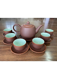 Ấm Chén Trà Tử Sa Bát Tràng Búp Sen Nâu Chỉ Đỏ