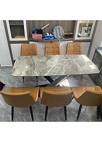 Bộ bàn ăn mặt đá Ceramic bóng chân chéo chữ X kết hợp ghế Loft bi