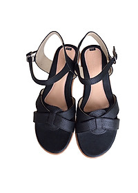 Giày sandal nữ đê xuồng 5cm da bò thật màu đen Trường Hải SDNTH0113