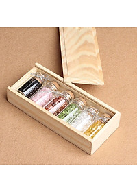 Set 06 lọ đá Thạch Anh vụn thiên nhiên gồm 06 màu khác nhau kèm hộp gỗ