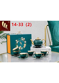 BỘ ẤM CHÉN PHA TRÀ KÈM ĐĨA LÓT TÁCH MÀU XANH CỔ VỊT VIỀN VÀNG