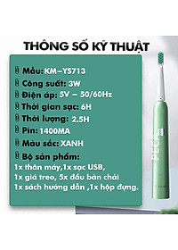 Bàn chải đánh răng điện KEMEI KM-713 công nghệ rung siêu âm 31000 lần/ phút điều chỉnh 6 chế độ đánh bay mảng bám sạch sâu gấp nhiêu lần so với bàn chải thủ công + Tặng kèm 5 đầu bàn chải thay thế - Hàng chính hãng