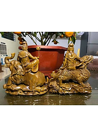 Cặp tượng văn thù _ phổ hiền bồ tát bằng gỗ bách xanh thơm nức kt 15×14×6cm