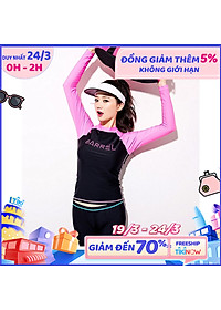 Set Đồ Bơi Ba Chi Tiết Đồ Bơi Nữ Tay Dài Quần Dài Màu Hồng Đen Chủ Đạo AT205 MayHomes Black-Pink Colored Long Sleeves And Long Pants Women Swimwear Set, UPF 50 Sun Protection