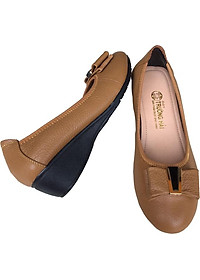 Giày đế xuồng nữ 3cm Trường Hải  đính nơ xinh da bò mềm mại màu vàng thời trang , đế xuống cao su DX0132