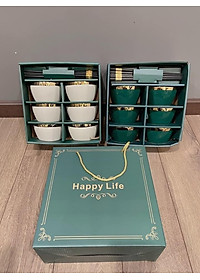 Bộ 6 Bát Sứ Màu Xanh-Trắng Viền Mạ Vàng Cao Cấp- Tặng Kèm Đũa Phong Cách Nhật- Hàng Chính Hãng MINIIN