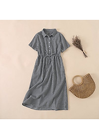 Đầm suông kẻ sọc cổ sơ mi Linen kèm đai thắt eo, chất vải linen tự nhiên, thời trang phong cách Hàn Da73
