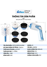Máy Cọ Rửa Điện Cầm Tay Đa Năng Mifan K3 25W - Kèm 4 Đầu Chổi, Pin Sạc 2000mAh, Chống Nước IPX7, Tốc Độ 500rpm, Bảo Hành 12 Tháng
