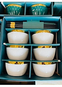 Bộ 6 Bát Sứ Màu Xanh-Trắng Viền Mạ Vàng Cao Cấp- Tặng Kèm Đũa Phong Cách Nhật- Hàng Chính Hãng MINIIN