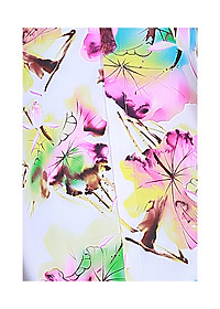 Váy đầm lanh (tole) Vicci CVN004.2 vải lanh chéo Hàn cao cấp, thiết kế tay ngắn, dáng đuôi cá suông nhẹ, mềm nhẹ, thấm hút mồ hôi, họa tiết hoa sen hồng nền trắng vàng, phù hợp mặc nhà, đi chơi