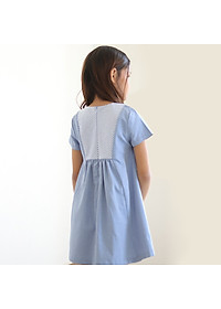 Đầm Bé Gái Xanh Phối Kẻ Ngực Chéo 2 Túi K110