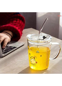 Ly thủy tinh chịu nhiệt nóng lạnh có Nắp 400ml Cốc Có Vạch Chia Mức Tiện Dụng Tặng Kèm Ống Hút Silicon Dẻo Cao Cấp