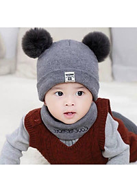 Mũ Len 2 Quả Bông Kèm Khăn Cho Bé ( Giao Màu Ngẫu Nhiên)