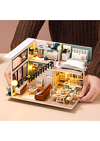 Nhà búp bê lắp ghép bằng gỗ có đèn Led, mẫu Comfortable Life tặng kèm dụng cụ lắp ráp, keo silicon
