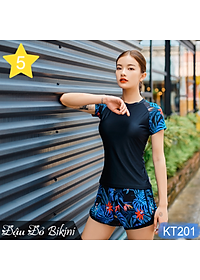 Bộ bơi 2 mảnh thể thao nữ, phong cách trẻ trung năng động, dáng áo cộc tay quần sooc đùi 2 lớp, chất đẹp dày dặn (dùng bơi, gym, yoga, chạy bộ) | KT201