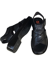 Dép sandal nam Trường Hải da bò cao cấp mềm mại không bong tróc màu đen đế PU siêu nhẹ cao 5cm SDN001