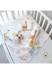Combo Set Đồ Sơ Sinh 4 Món Vải Xô Muslin (Gối Chống Bẹp Đầu, Gối Chặn, Gối Ôm, Khăn Ủ)