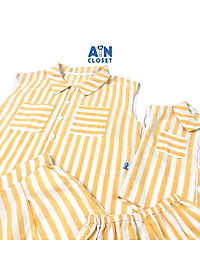 Bộ quần áo ngắn cho mẹ họa tiết Kẻ vàng trắng cổ sơ mi linen cotton - AICDMEXU7K6V - AIN Closet