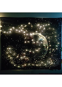 Combo bộ thảm tranh treo tường họa tiết dải ngân hà bằng vải mỏng và dây đèn led đom đóm trang trí (vải+ dây led+đinh)