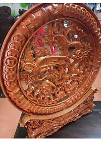 Đĩa trang trí phong thủy trạm khắc tứ linh bằng gỗ hương đá mặt rộng 40×4cm