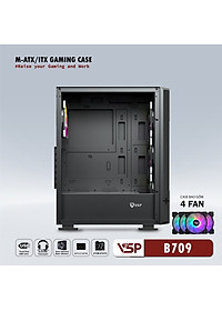 Vỏ máy tính Case VSP B709 [ĐEN] sẵn 4 Fan LED ~ Gaming kính cường lực (M-ATX/ITX) - Hàng chính hãng TECH VISION phân phối