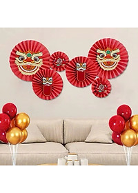 BỘ QUẠT GIẤY ĐỎ 6 CHIẾC – HÌNH ĐẦU LÂN TRANG TRÍ TẾT / TRUNG THU (khách tự ráp lại thành phẩm theo hình)