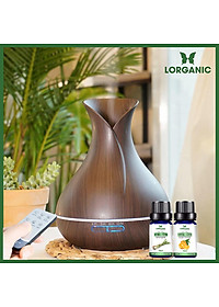 Combo máy khuếch tán/ máy xông tinh dầu bình hoa + tinh dầu sả chanh + tinh dầu cam Lorganic (10ml x2 chai)