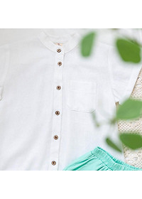 Áo sơ mi bé trai trắng cổ Tàu chất linen đũi mềm mịn mát hè thu MamLa
