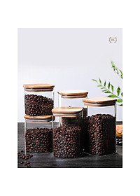 Hũ Thủy Tinh Vuông Nắp Gỗ Tre Kín Hơi Đựng Thực Phẩm, Gia Vị Tiện Dụng