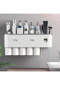 Giá treo bàn chải kem đánh răng kèm 5 cốc cho cả gia đình, bộ nhả kem đánh răng tự động lắp đặt dán tường - Hàng Chính Hãng - Tặng kèm sticker