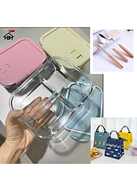 Hộp Cơm Thủy Tinh 3 Ngăn 1050 ml + Túi Cá + Hộp Đũa Thìa Cán gỗ ( Giao màu ngẫu nhiên) cực kì tiện lợi